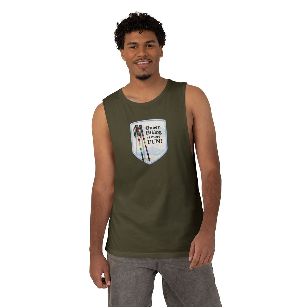 Queer Hiking Is More Fun Tank Top — LGBTQ+ Outdoor Vest - Blue Border