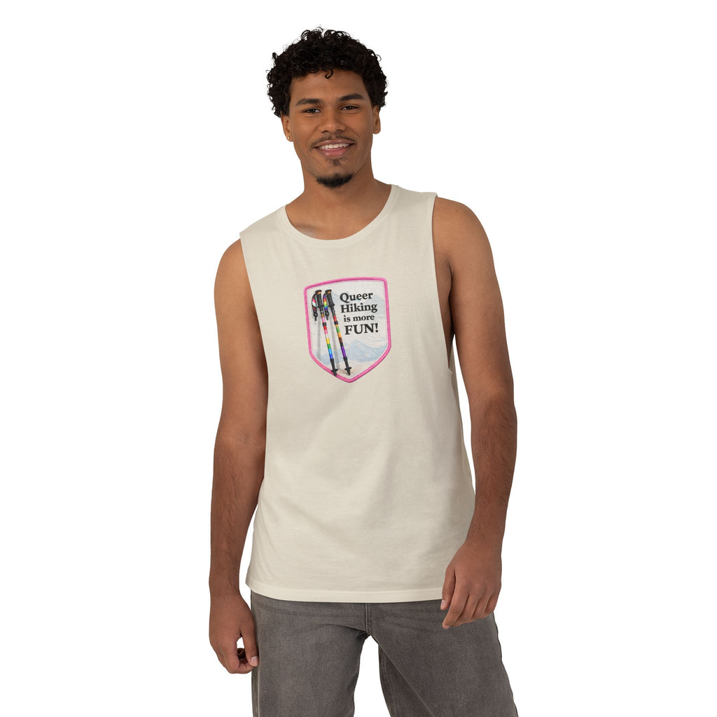 Queer Hiking Is More Fun Tank Top — LGBTQ+ Outdoor Vest - Pink Border