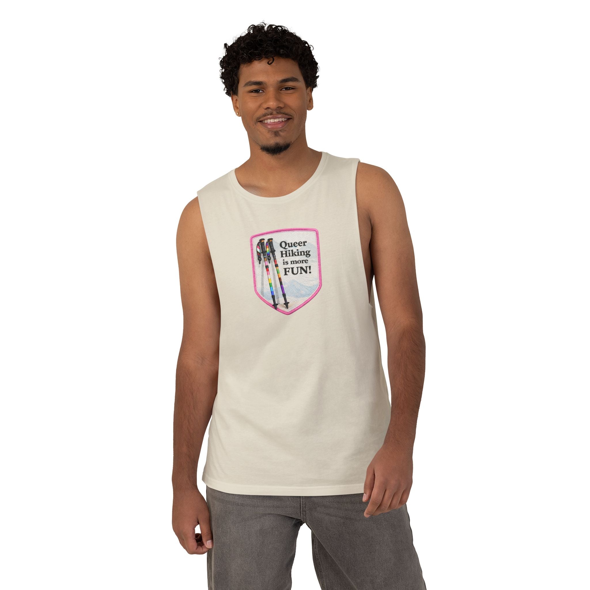 Queer Hiking Is More Fun Tank Top — LGBTQ+ Outdoor Vest - Pink Border