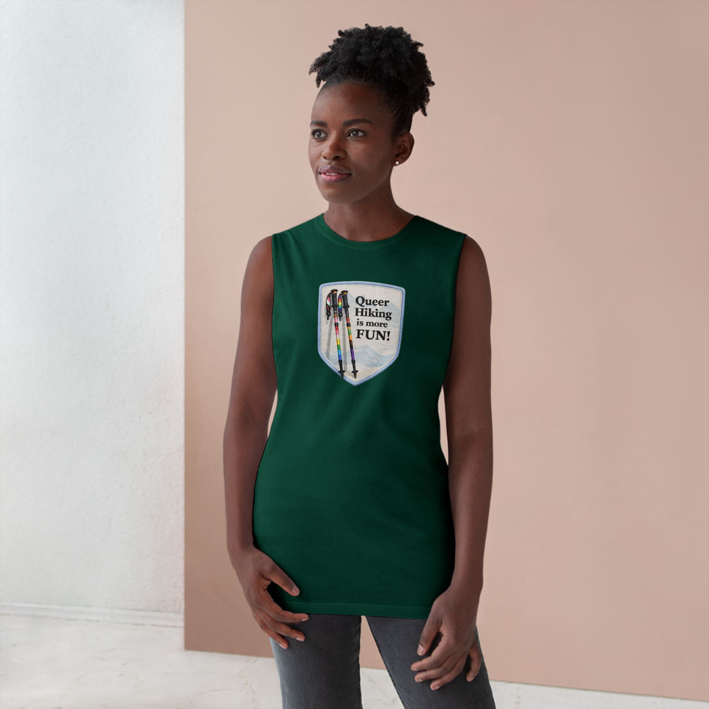 Queer Hiking Is More Fun Tank Top — LGBTQ+ Outdoor Vest - Blue Border