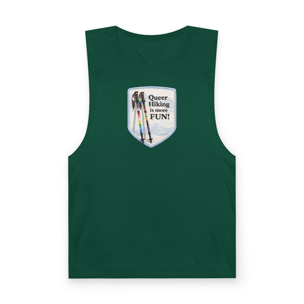 Queer Hiking Is More Fun Tank Top — LGBTQ+ Outdoor Vest - Blue Border