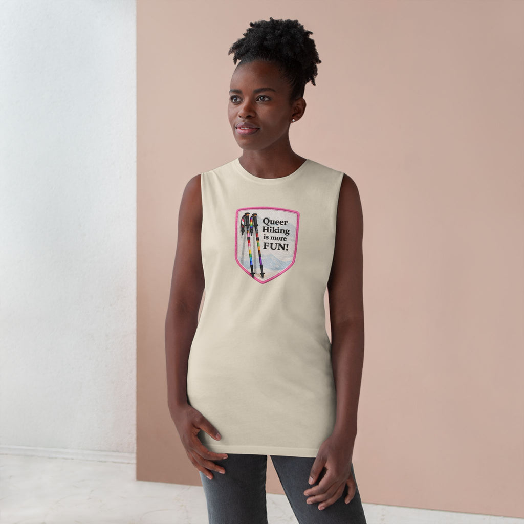 Queer Hiking Is More Fun Tank Top — LGBTQ+ Outdoor Vest - Pink Border