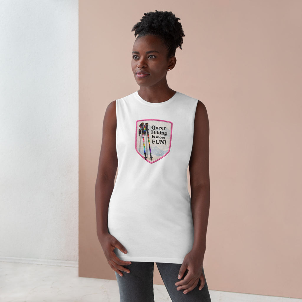 Queer Hiking Is More Fun Tank Top — LGBTQ+ Outdoor Vest - Pink Border