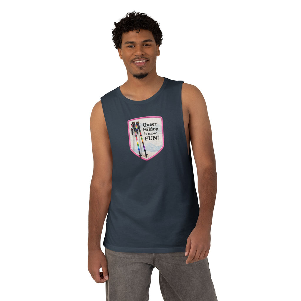 Queer Hiking Is More Fun Tank Top — LGBTQ+ Outdoor Vest - Pink Border