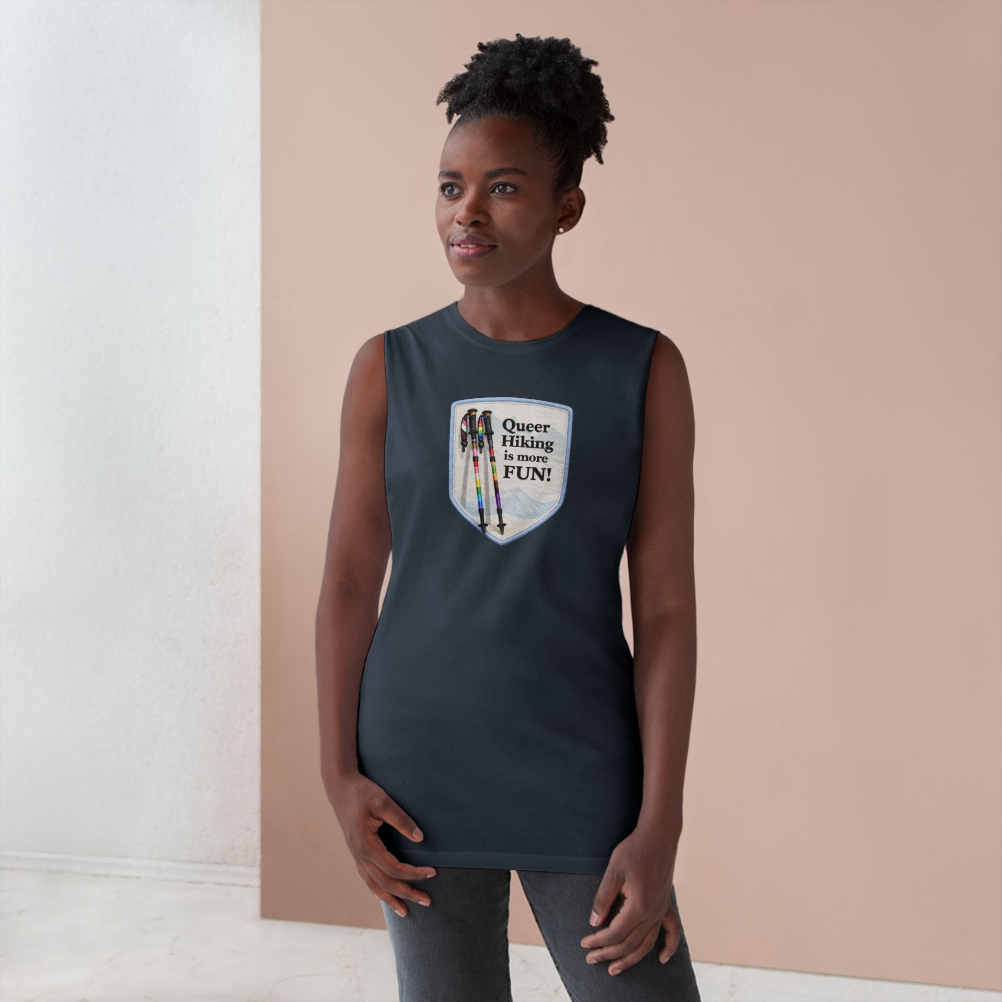 Queer Hiking Is More Fun Tank Top — LGBTQ+ Outdoor Vest - Blue Border