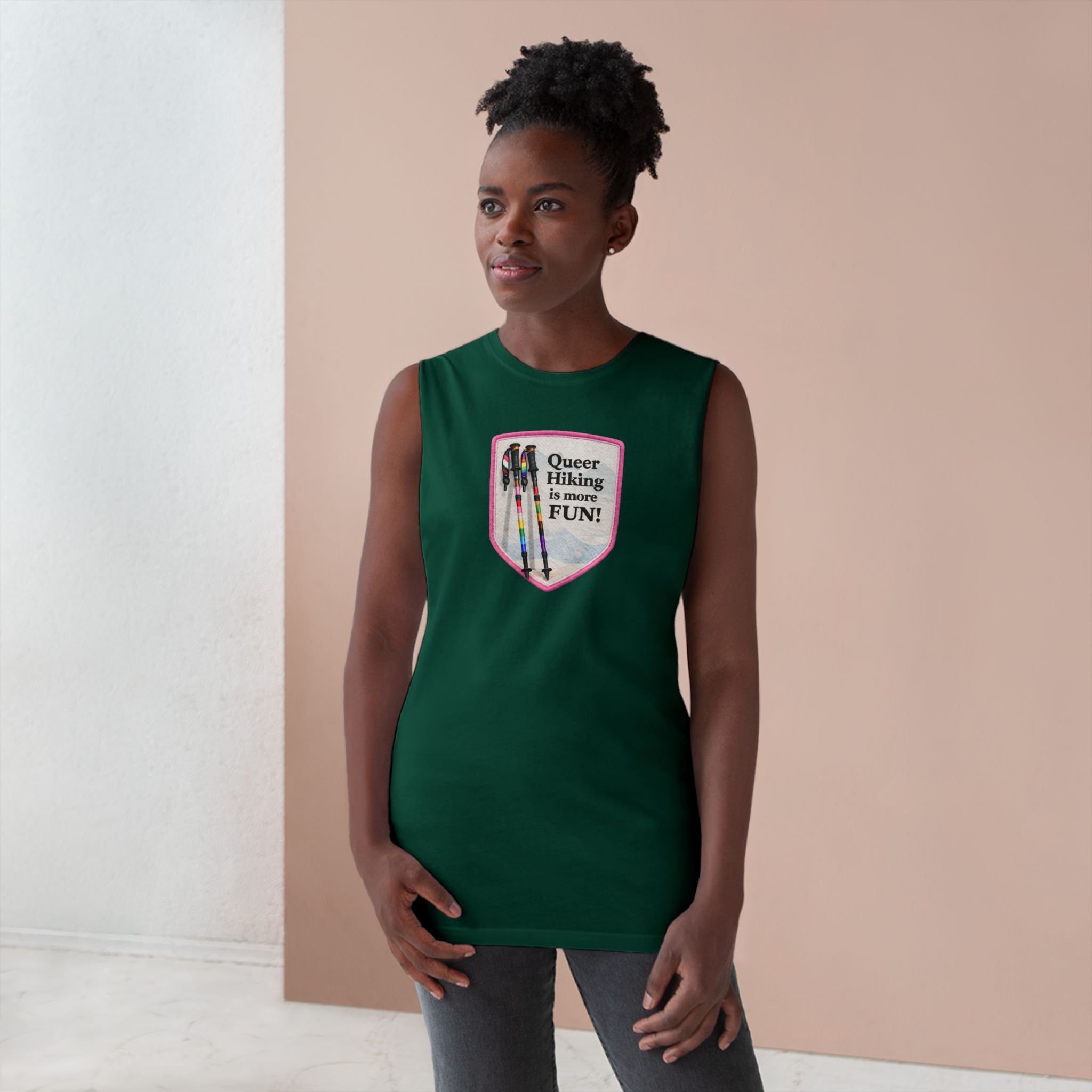 Queer Hiking Is More Fun Tank Top — LGBTQ+ Outdoor Vest - Pink Border