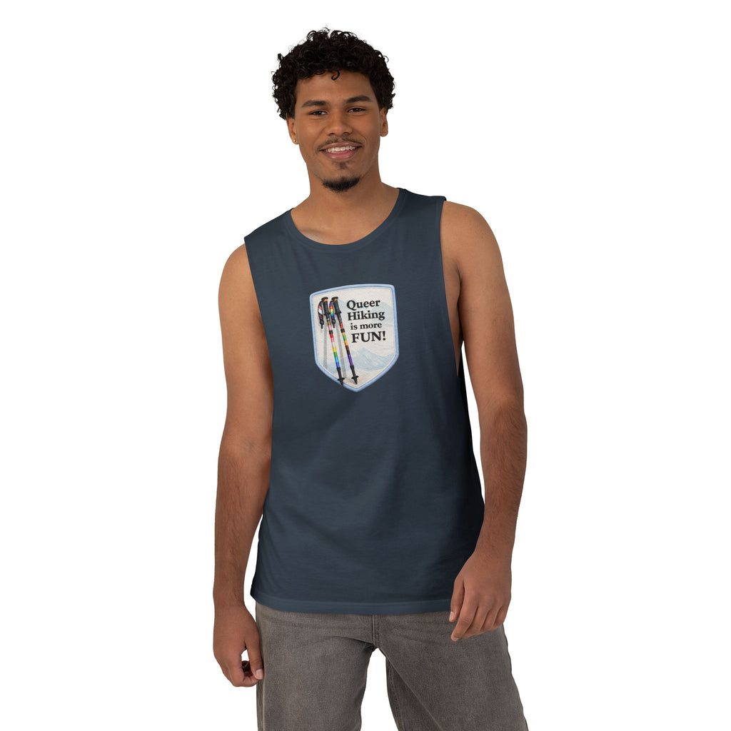 Queer Hiking Is More Fun Tank Top — LGBTQ+ Outdoor Vest - Blue Border