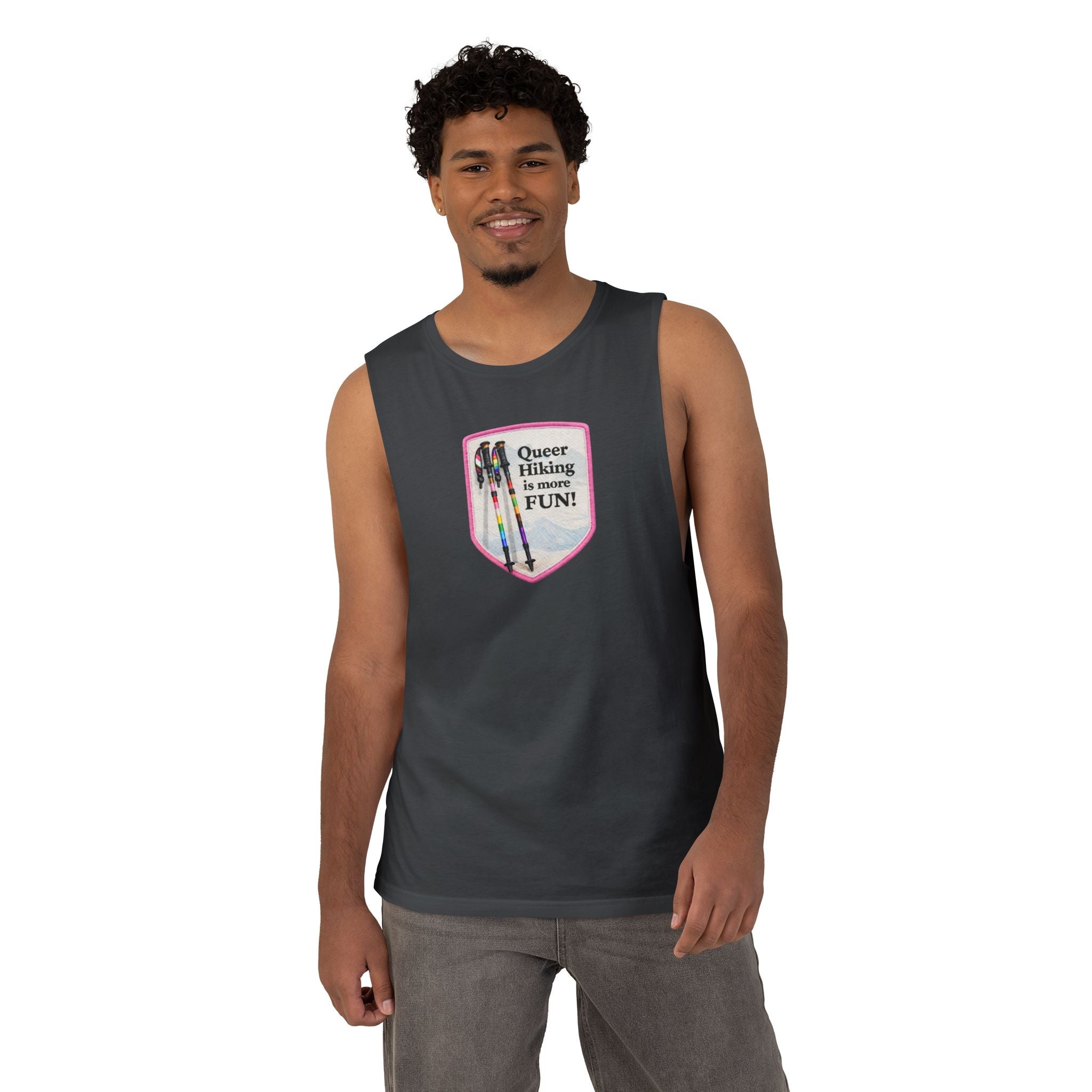 Queer Hiking Is More Fun Tank Top — LGBTQ+ Outdoor Vest - Pink Border