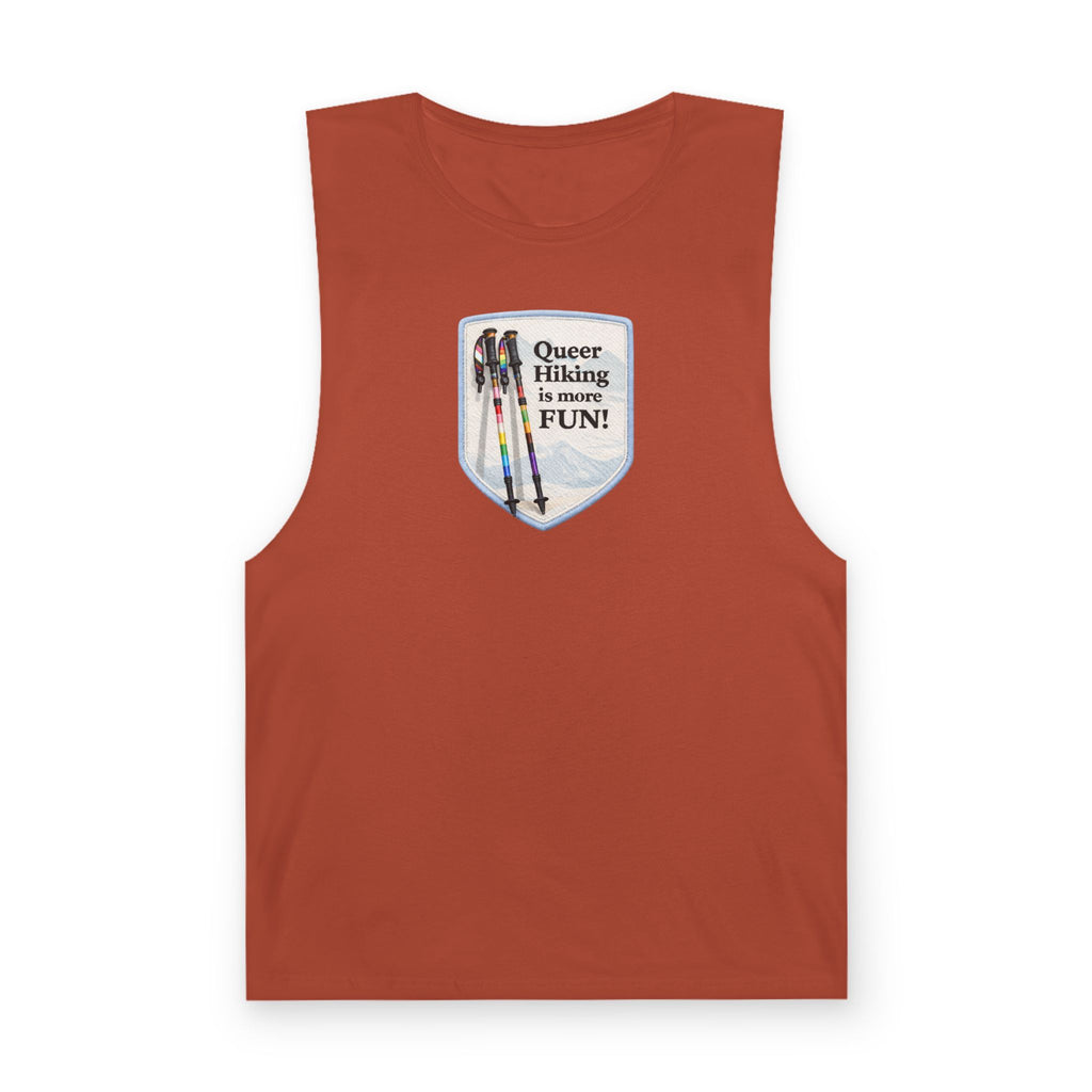 Queer Hiking Is More Fun Tank Top — LGBTQ+ Outdoor Vest - Blue Border