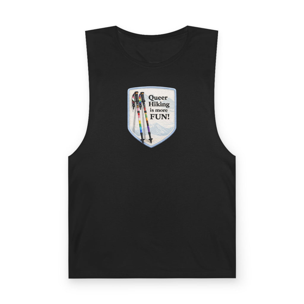 Queer Hiking Is More Fun Tank Top — LGBTQ+ Outdoor Vest - Blue Border