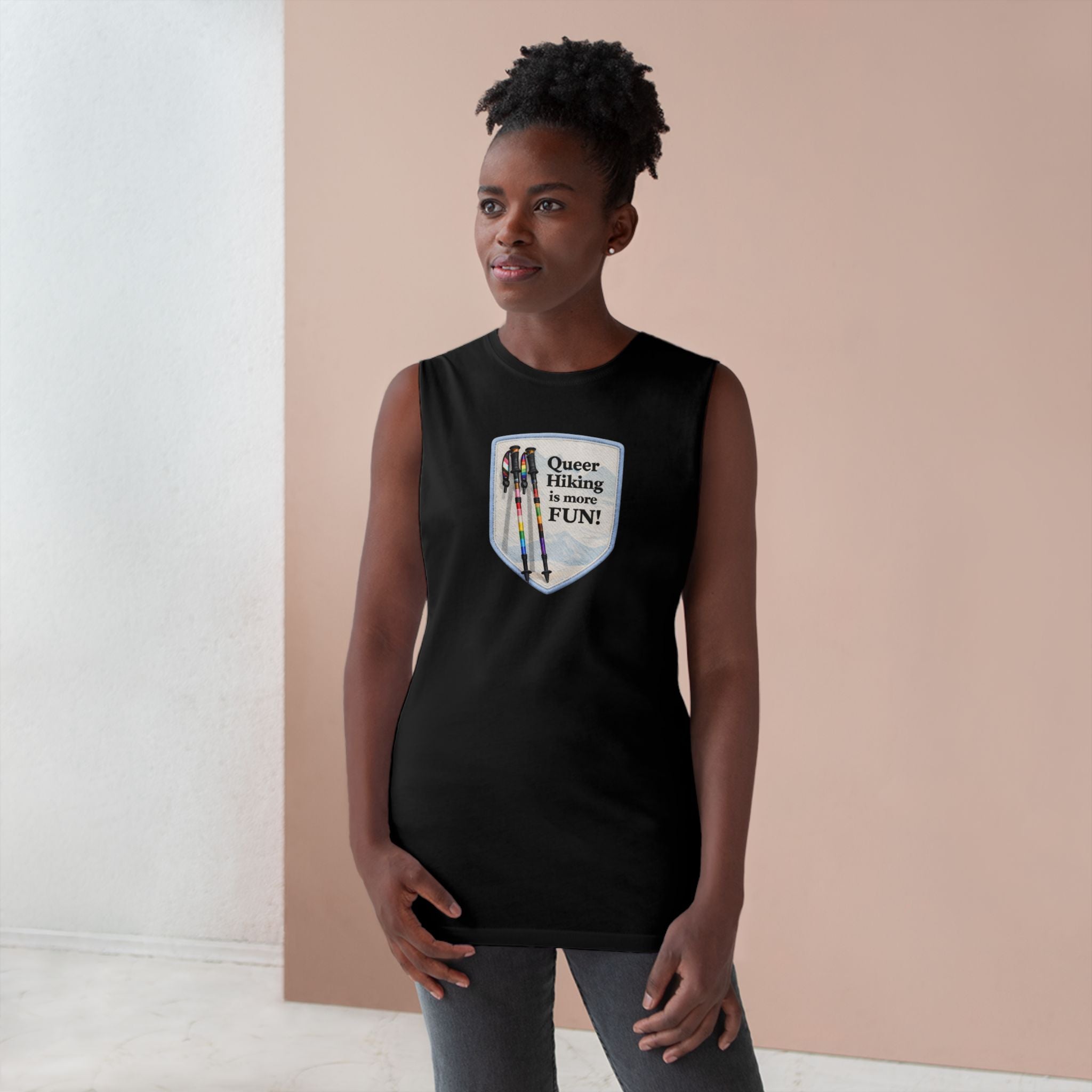 Queer Hiking Is More Fun Tank Top — LGBTQ+ Outdoor Vest - Blue Border