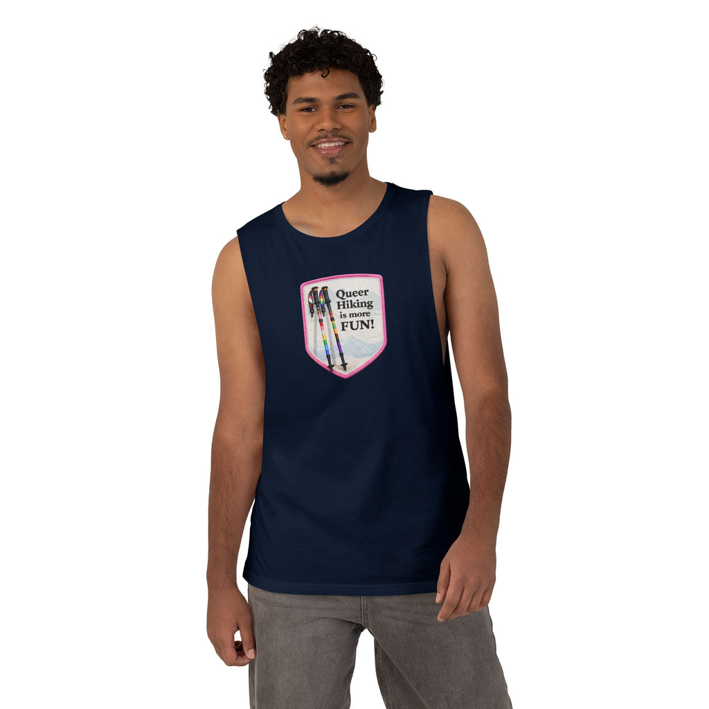 Queer Hiking Is More Fun Tank Top — LGBTQ+ Outdoor Vest - Pink Border