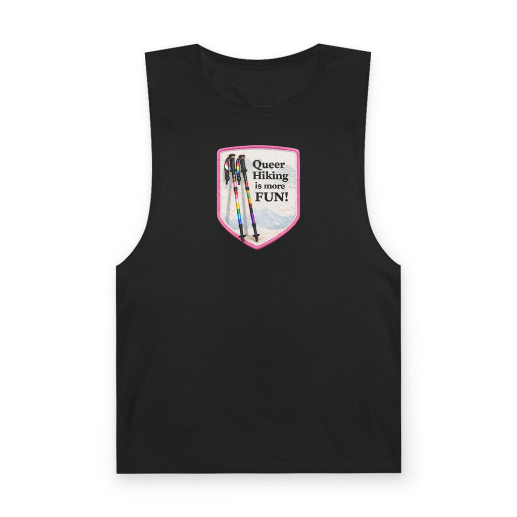 Queer Hiking Is More Fun Tank Top — LGBTQ+ Outdoor Vest - Pink Border
