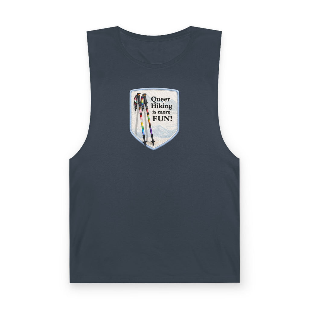 Queer Hiking Is More Fun Tank Top — LGBTQ+ Outdoor Vest - Blue Border