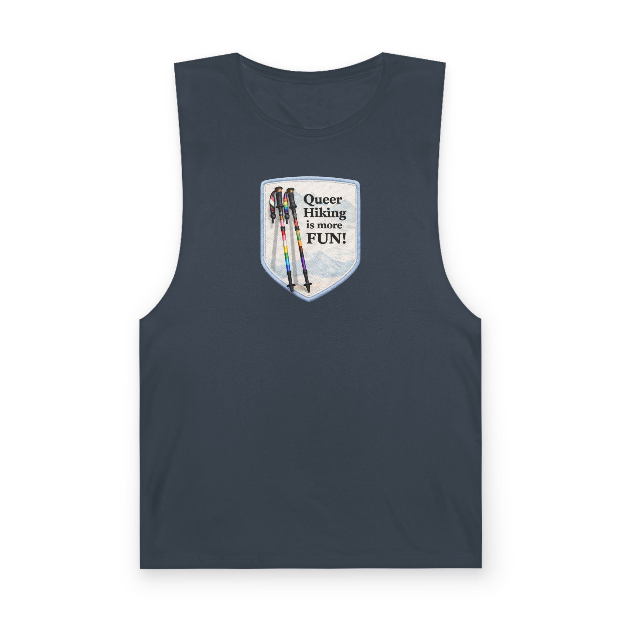 Queer Hiking Is More Fun Tank Top — LGBTQ+ Outdoor Vest - Blue Border