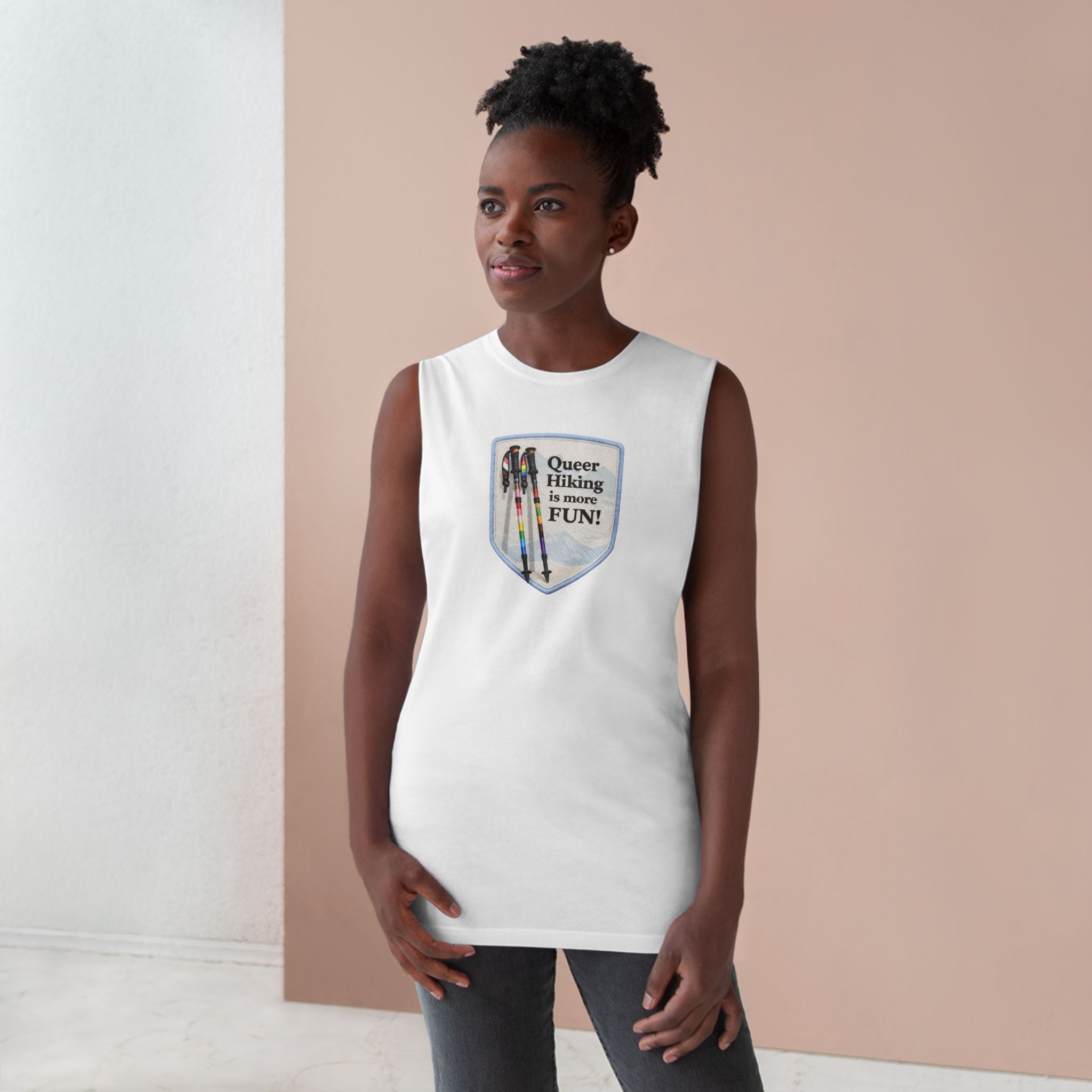 Queer Hiking Is More Fun Tank Top — LGBTQ+ Outdoor Vest - Blue Border