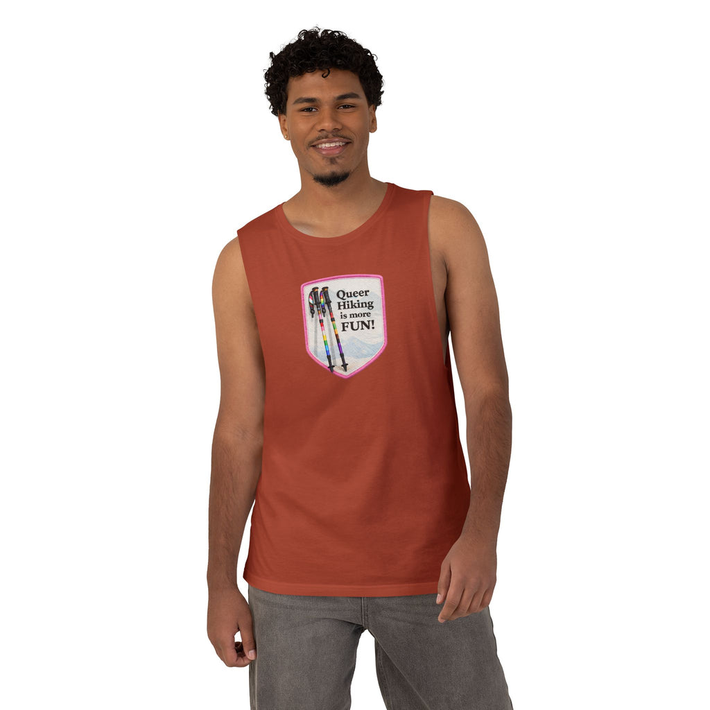 Queer Hiking Is More Fun Tank Top — LGBTQ+ Outdoor Vest - Pink Border