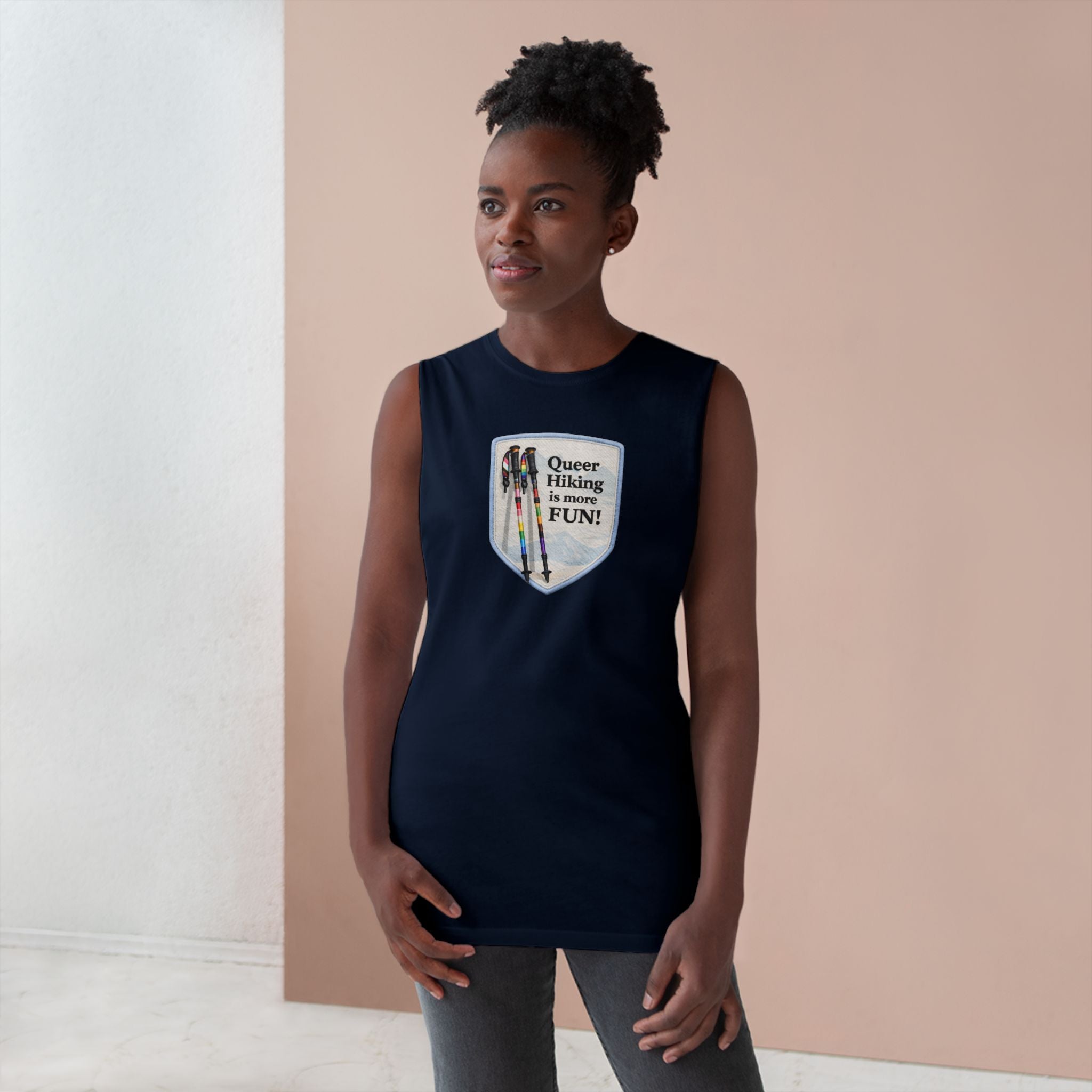 Queer Hiking Is More Fun Tank Top — LGBTQ+ Outdoor Vest - Blue Border