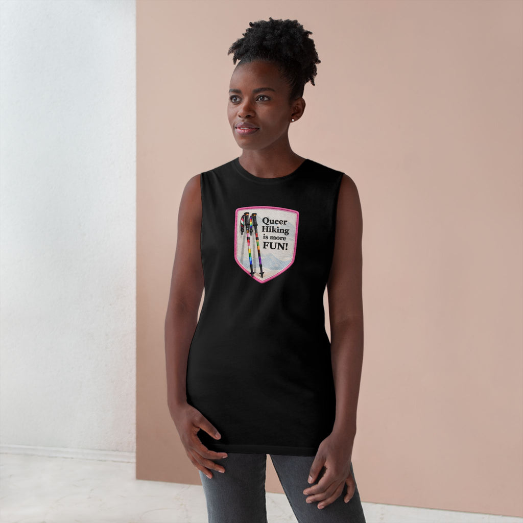 Queer Hiking Is More Fun Tank Top — LGBTQ+ Outdoor Vest - Pink Border