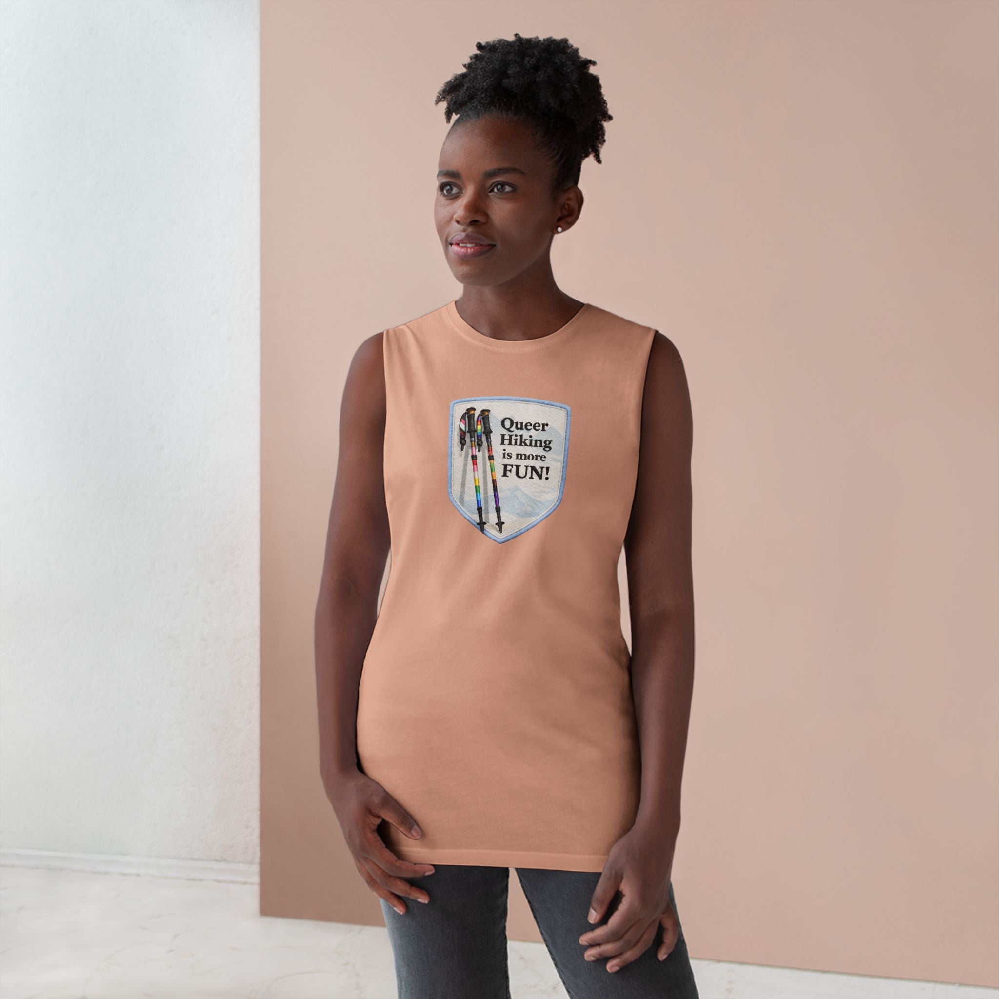 Queer Hiking Is More Fun Tank Top — LGBTQ+ Outdoor Vest - Blue Border