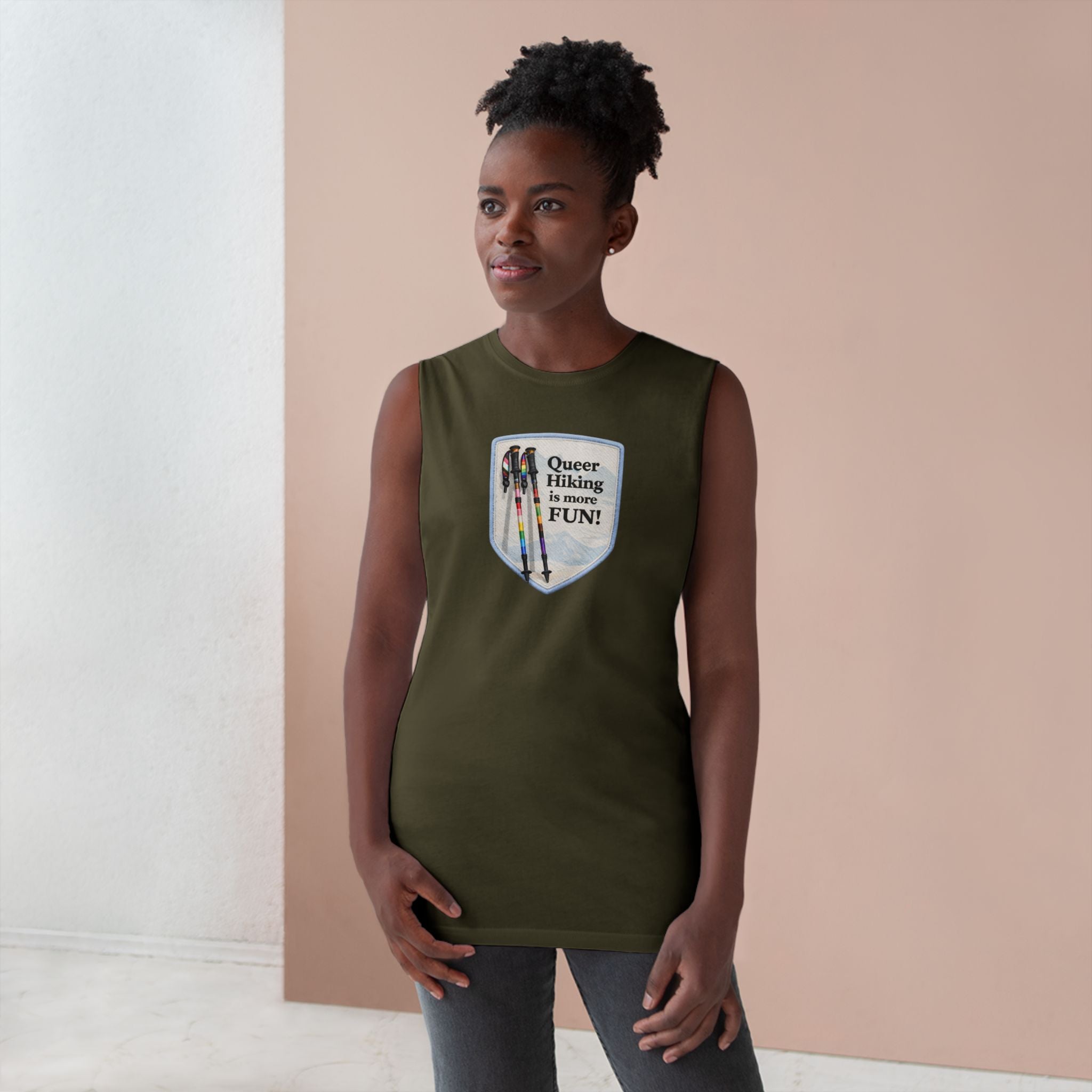 Queer Hiking Is More Fun Tank Top — LGBTQ+ Outdoor Vest - Blue Border