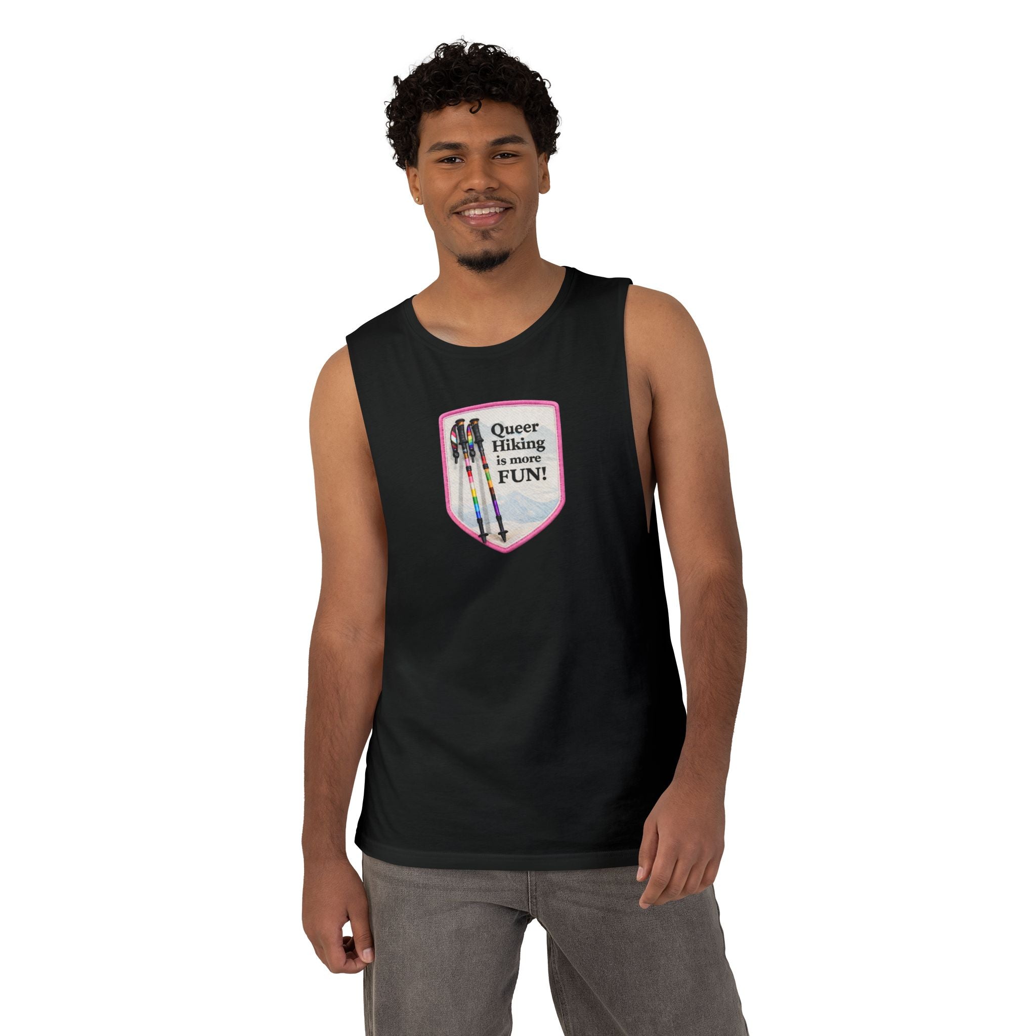 Queer Hiking Is More Fun Tank Top — LGBTQ+ Outdoor Vest - Pink Border