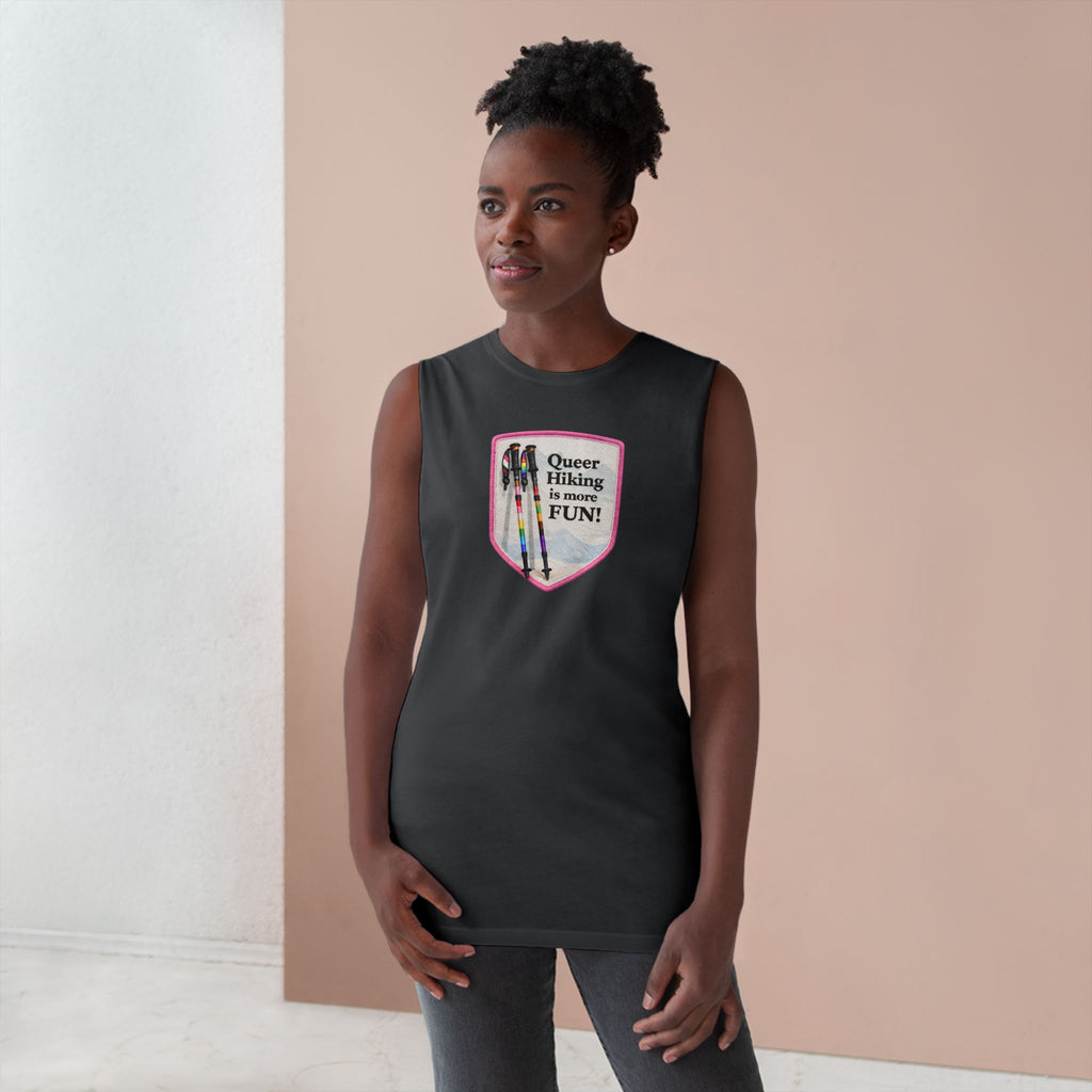 Queer Hiking Is More Fun Tank Top — LGBTQ+ Outdoor Vest - Pink Border