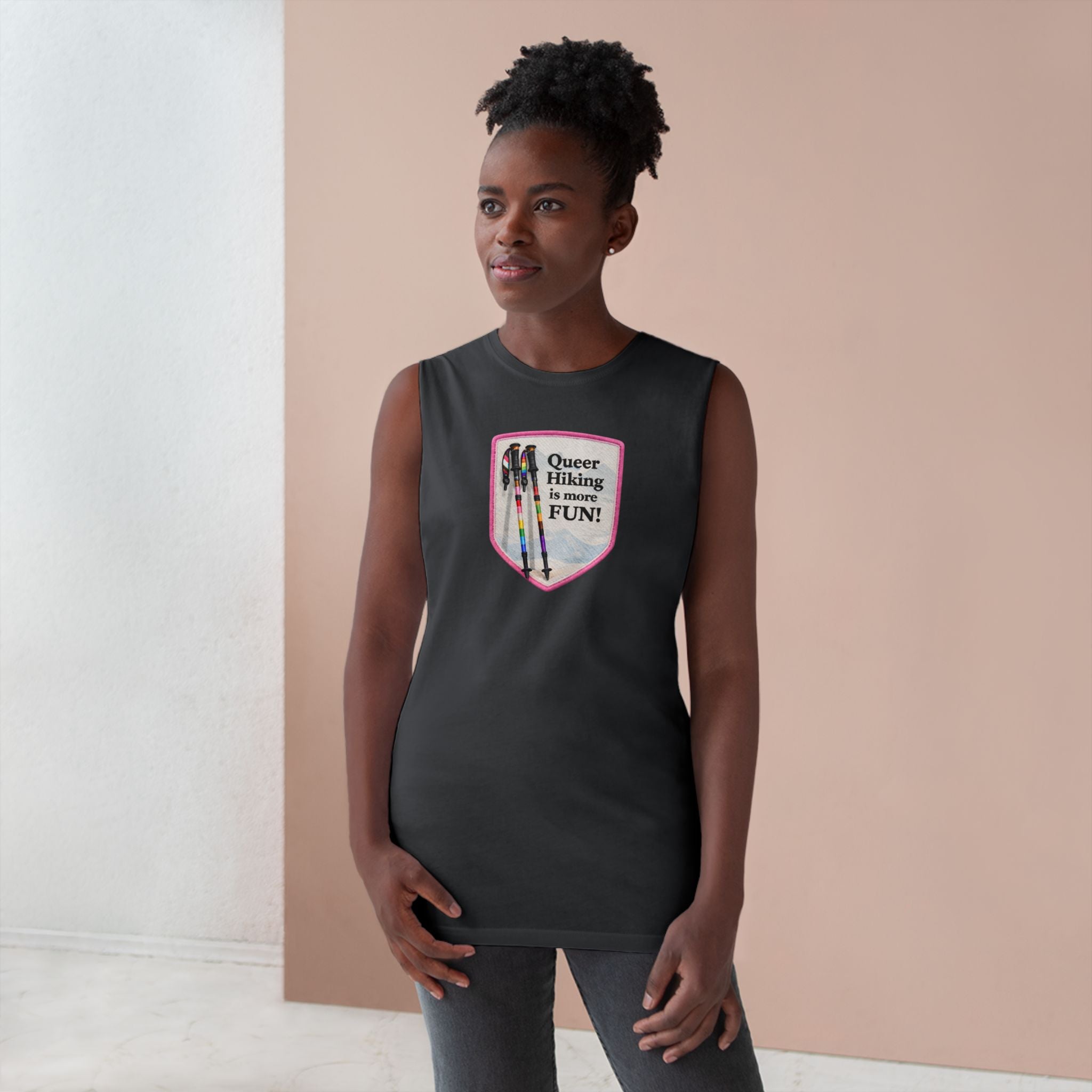 Queer Hiking Is More Fun Tank Top — LGBTQ+ Outdoor Vest - Pink Border