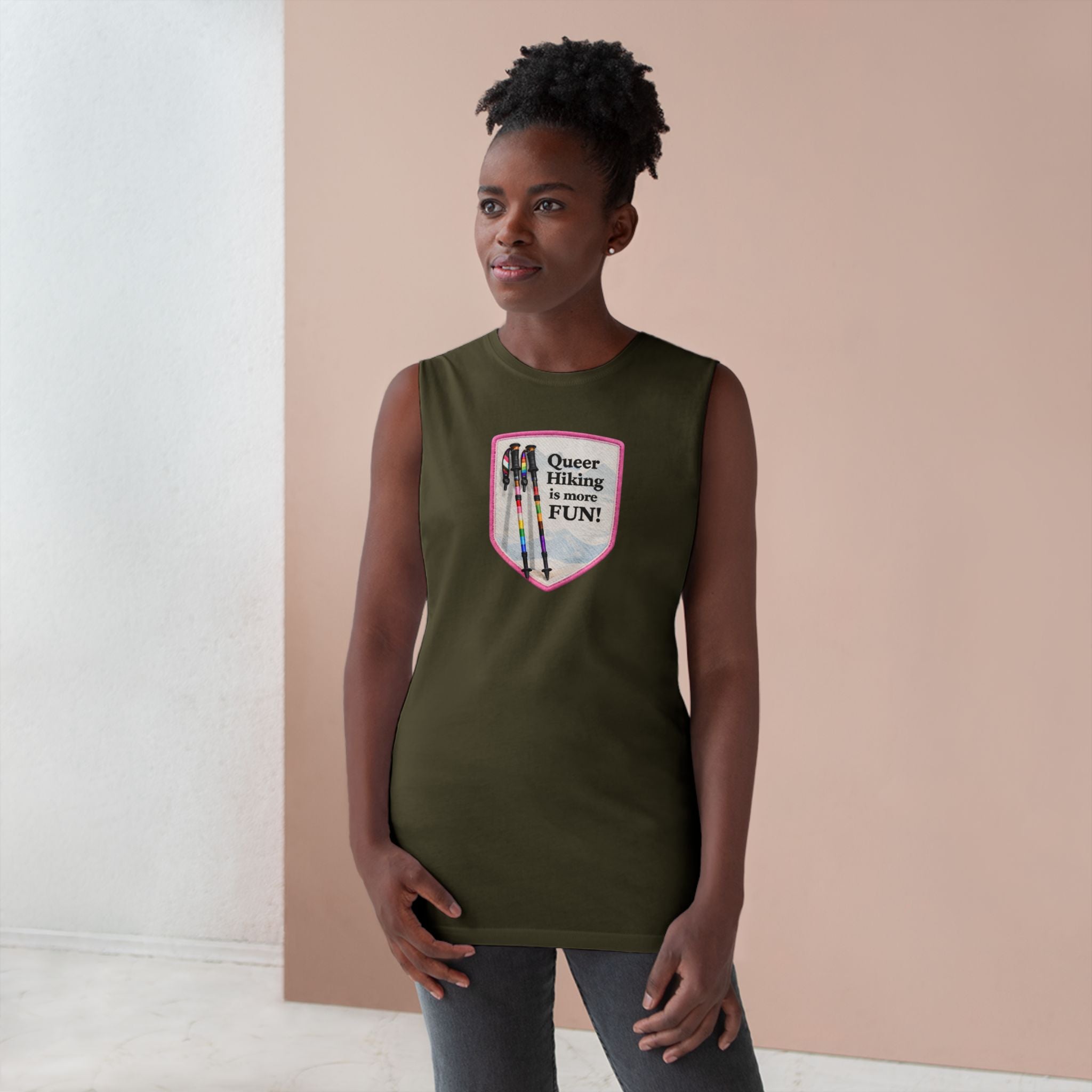 Queer Hiking Is More Fun Tank Top — LGBTQ+ Outdoor Vest - Pink Border