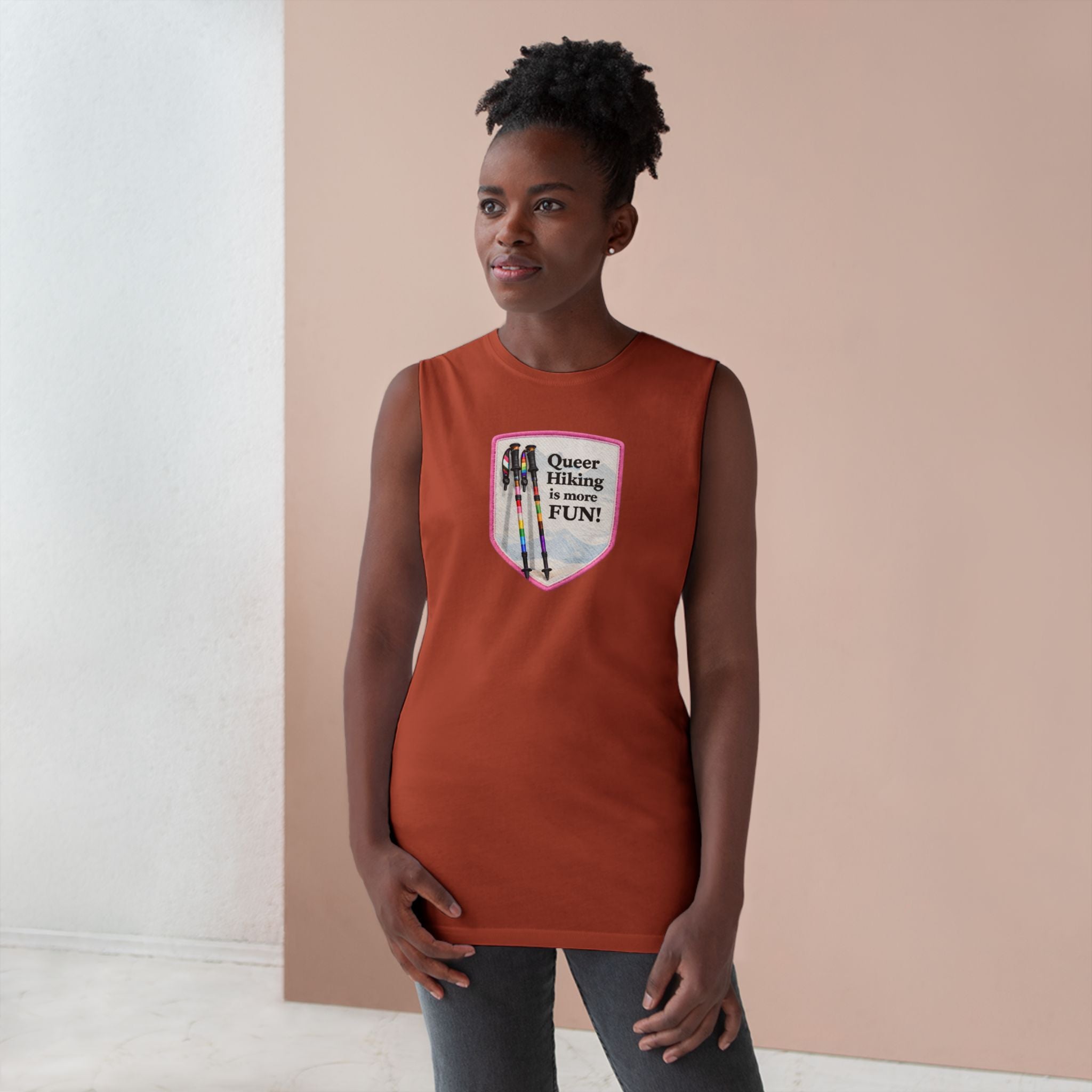 Queer Hiking Is More Fun Tank Top — LGBTQ+ Outdoor Vest - Pink Border