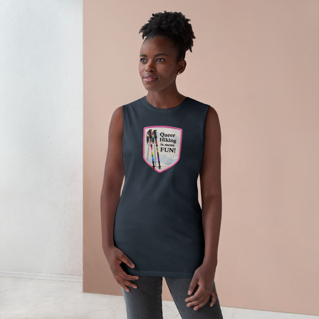 Queer Hiking Is More Fun Tank Top — LGBTQ+ Outdoor Vest - Pink Border