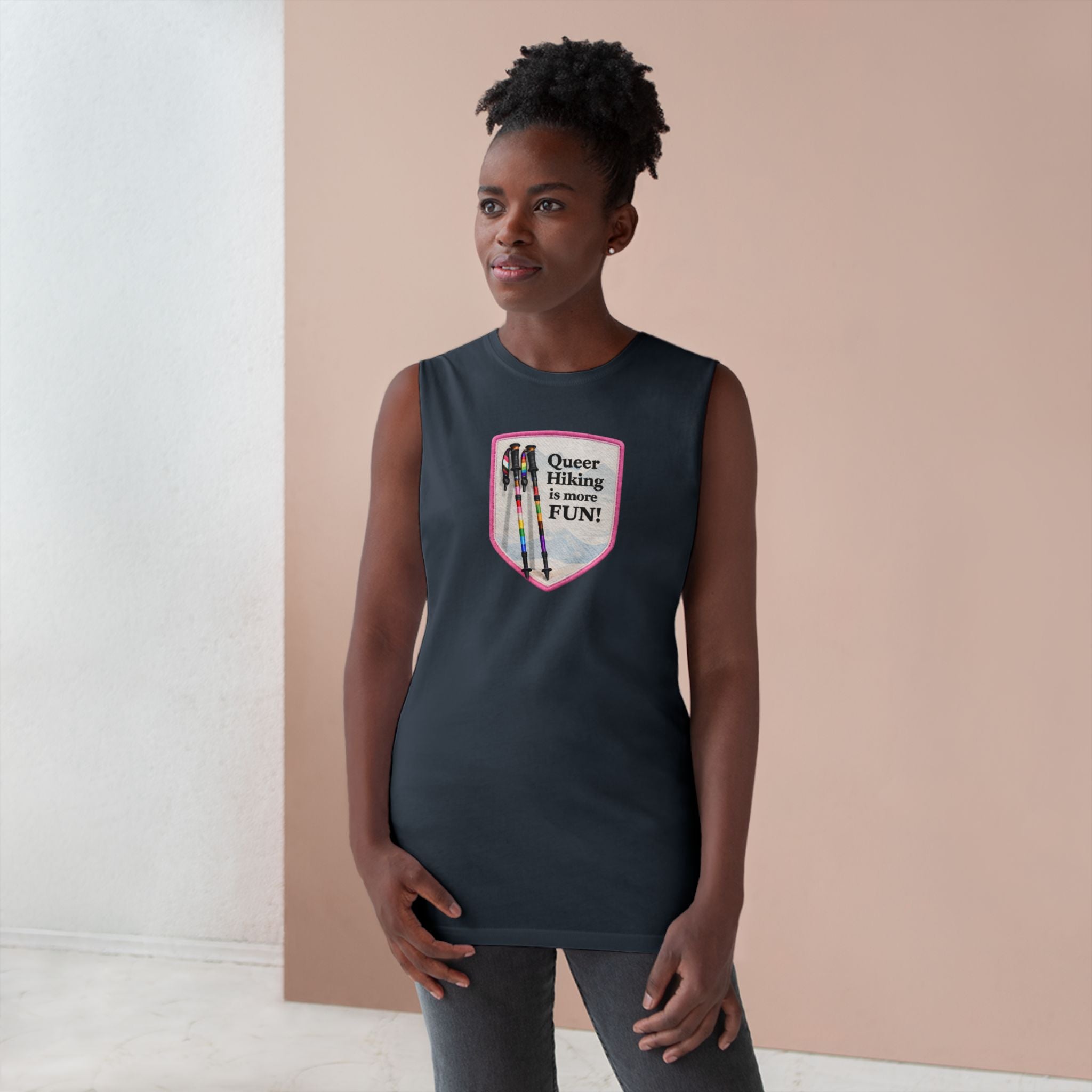 Queer Hiking Is More Fun Tank Top — LGBTQ+ Outdoor Vest - Pink Border