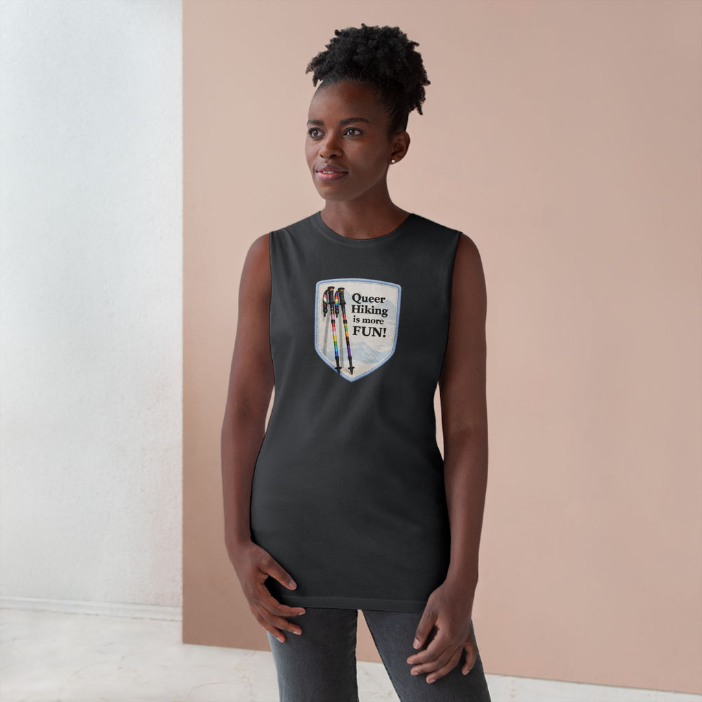 Queer Hiking Is More Fun Tank Top — LGBTQ+ Outdoor Vest - Blue Border