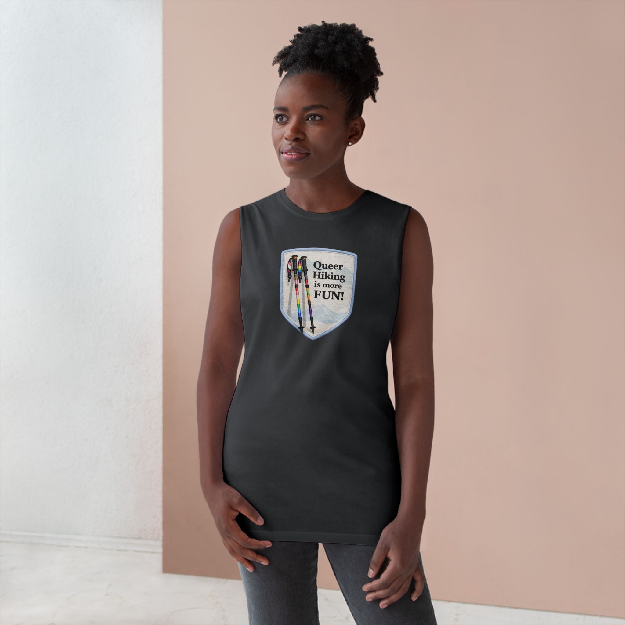 Queer Hiking Is More Fun Tank Top — LGBTQ+ Outdoor Vest - Blue Border