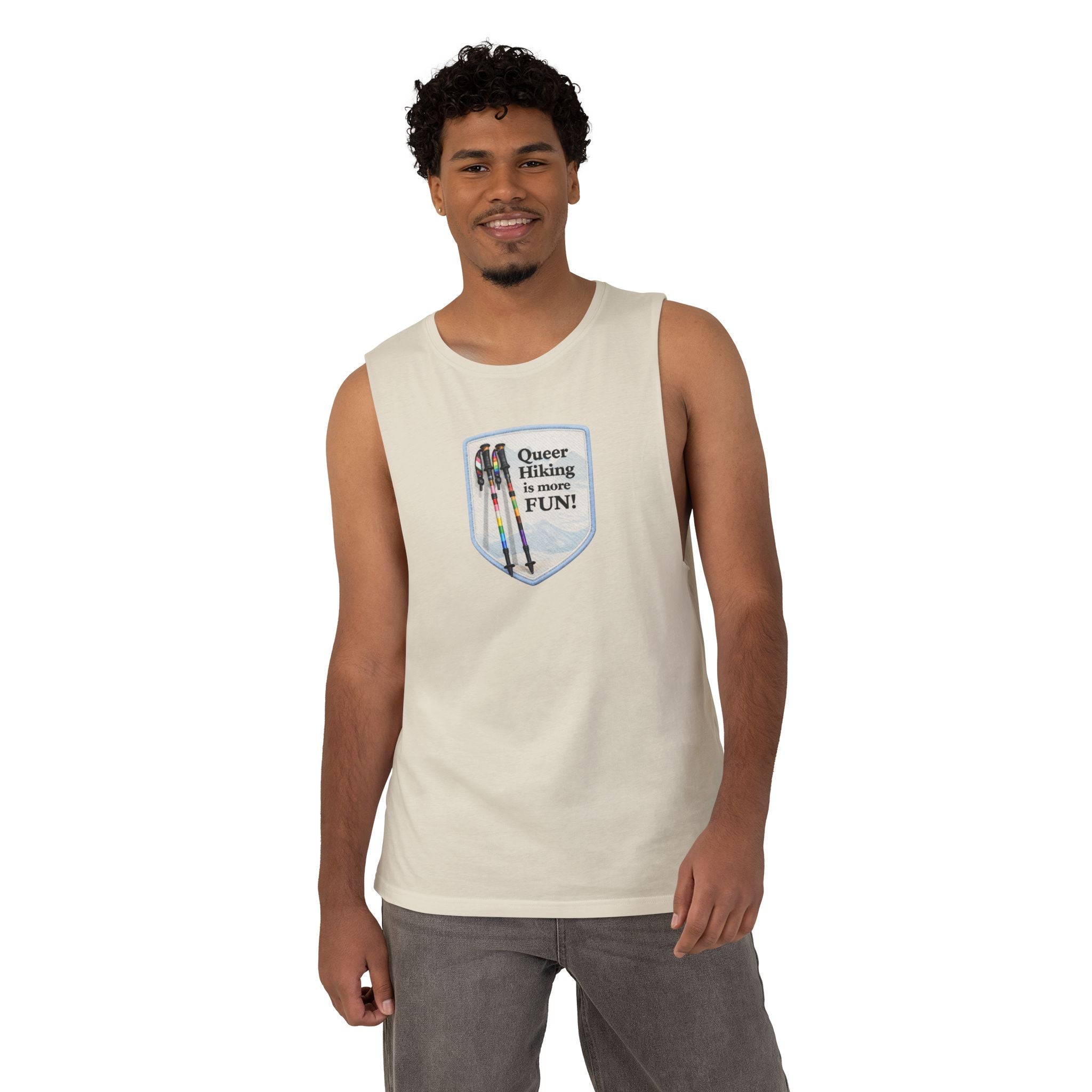 Queer Hiking Is More Fun Tank Top — LGBTQ+ Outdoor Vest - Blue Border