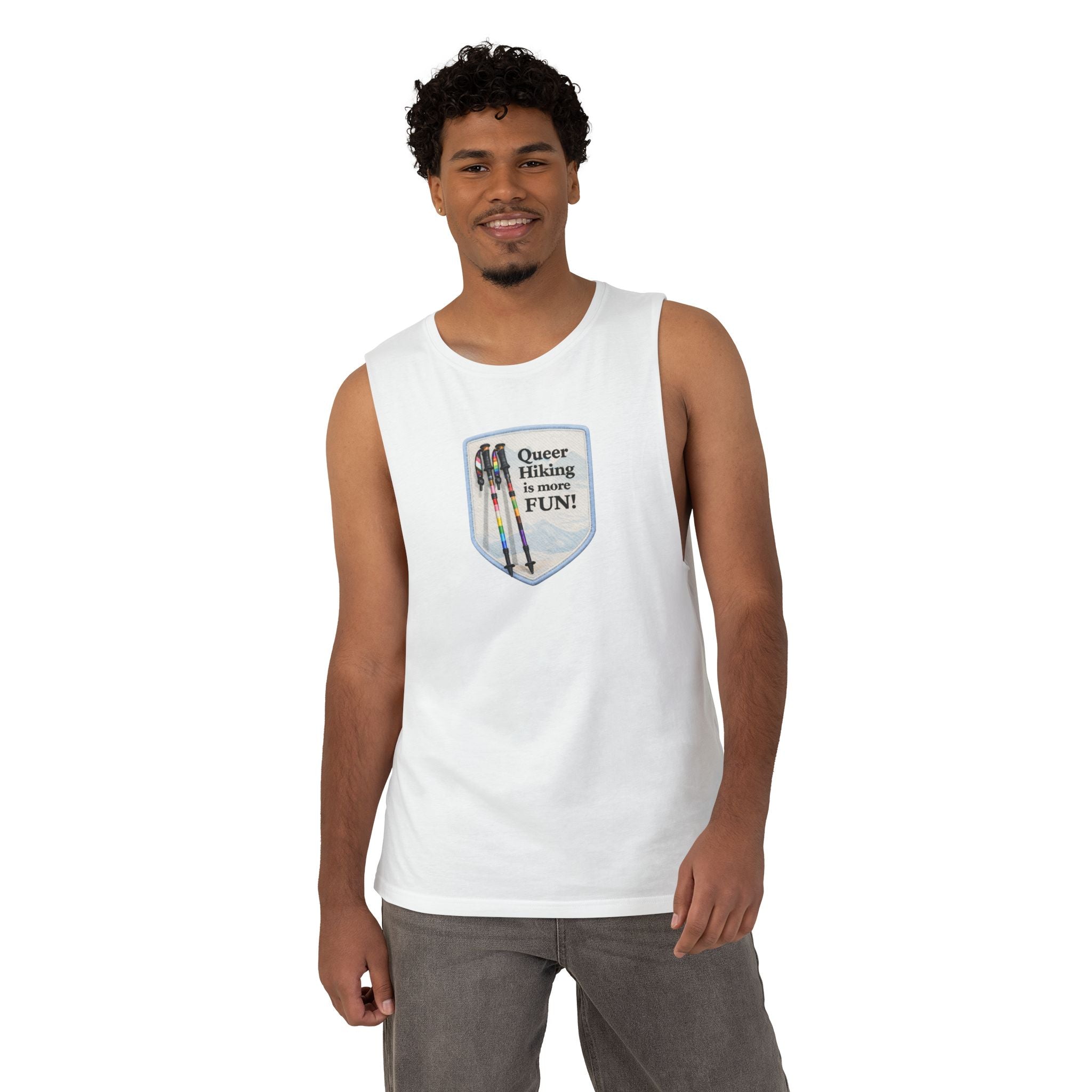 Queer Hiking Is More Fun Tank Top — LGBTQ+ Outdoor Vest - Blue Border