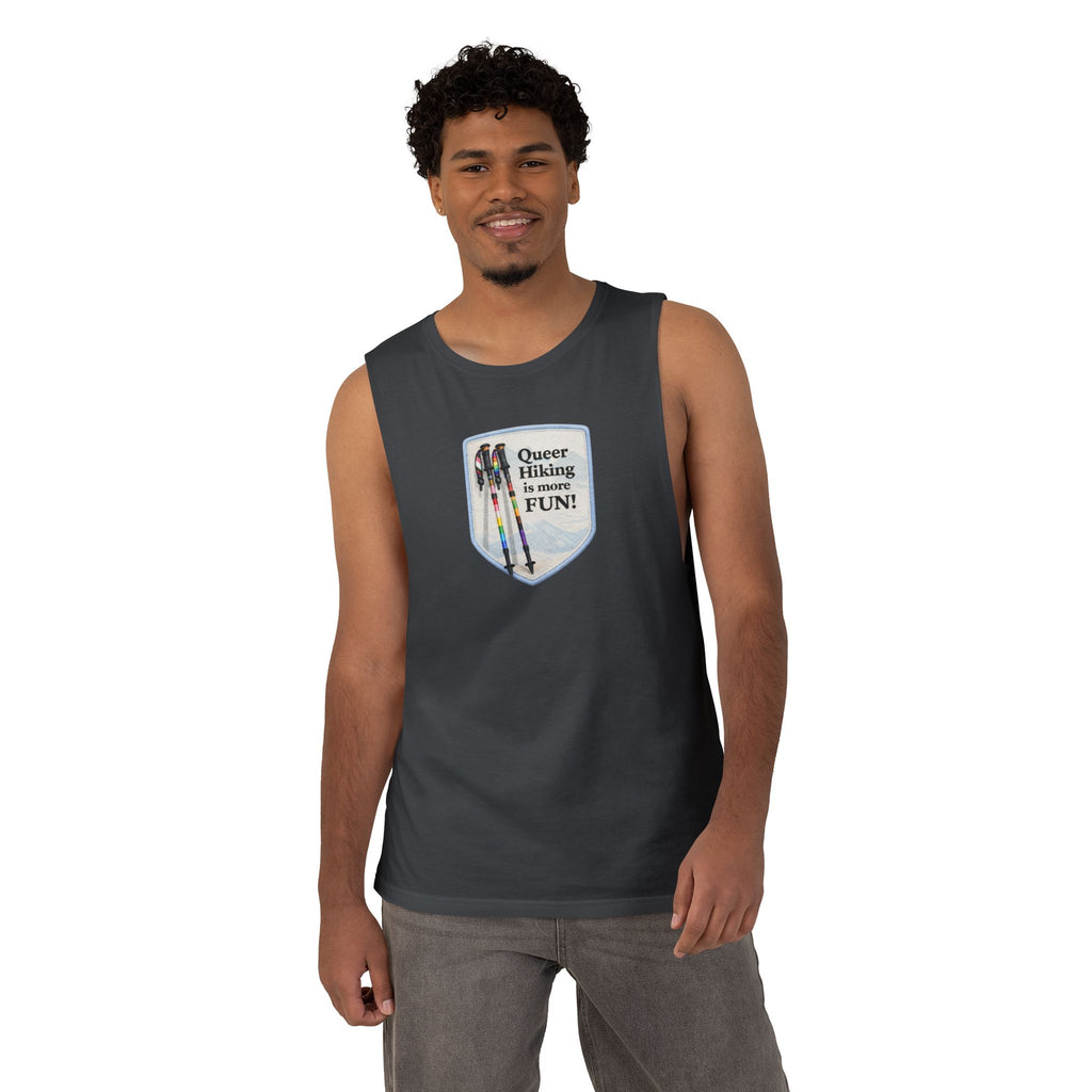 Queer Hiking Is More Fun Tank Top — LGBTQ+ Outdoor Vest - Blue Border