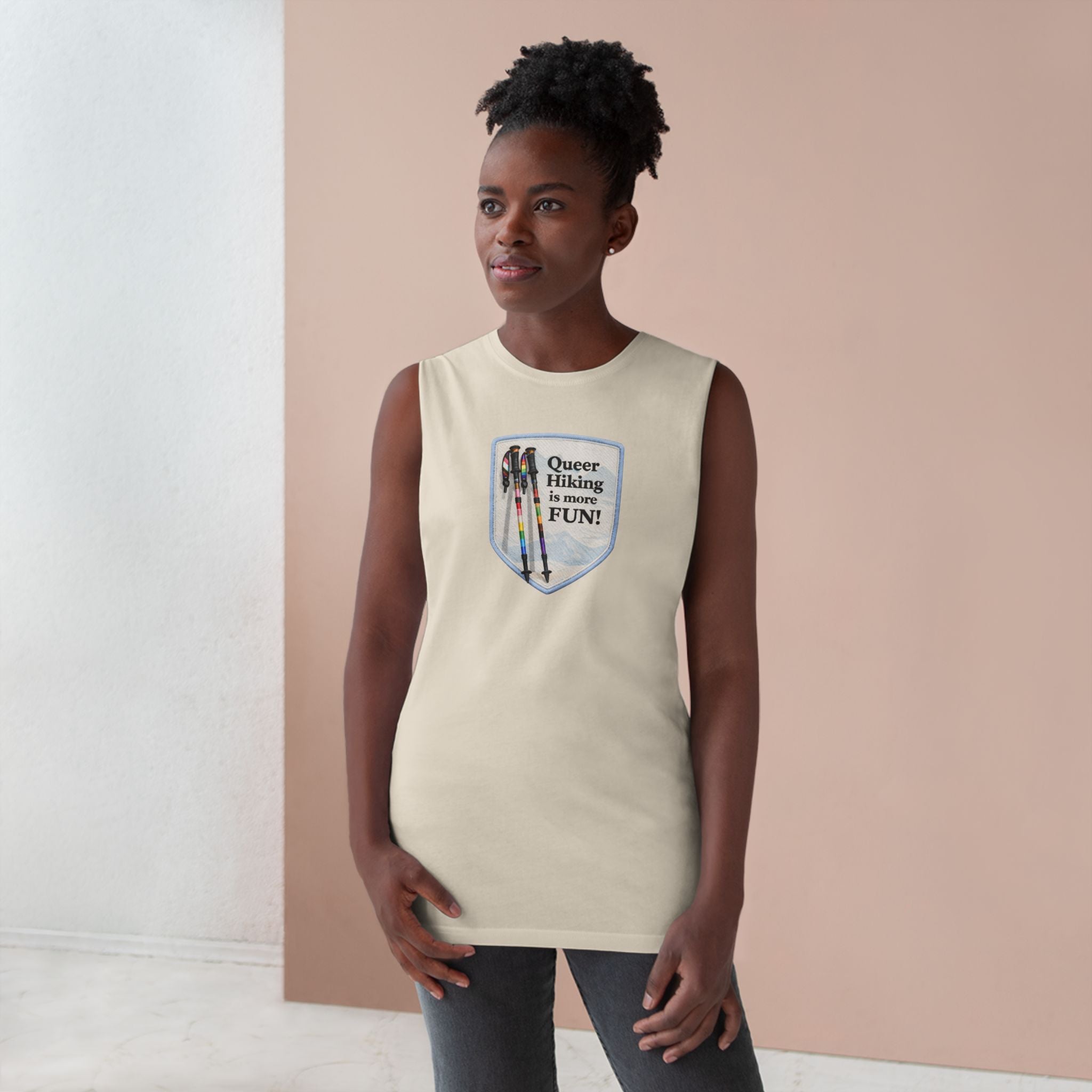 Queer Hiking Is More Fun Tank Top — LGBTQ+ Outdoor Vest - Blue Border