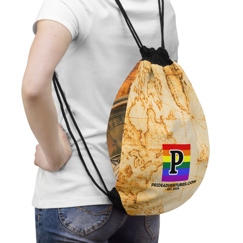 Pride Adventures Vintage Map Drawstring Bag — Travel Compass Gym Sack