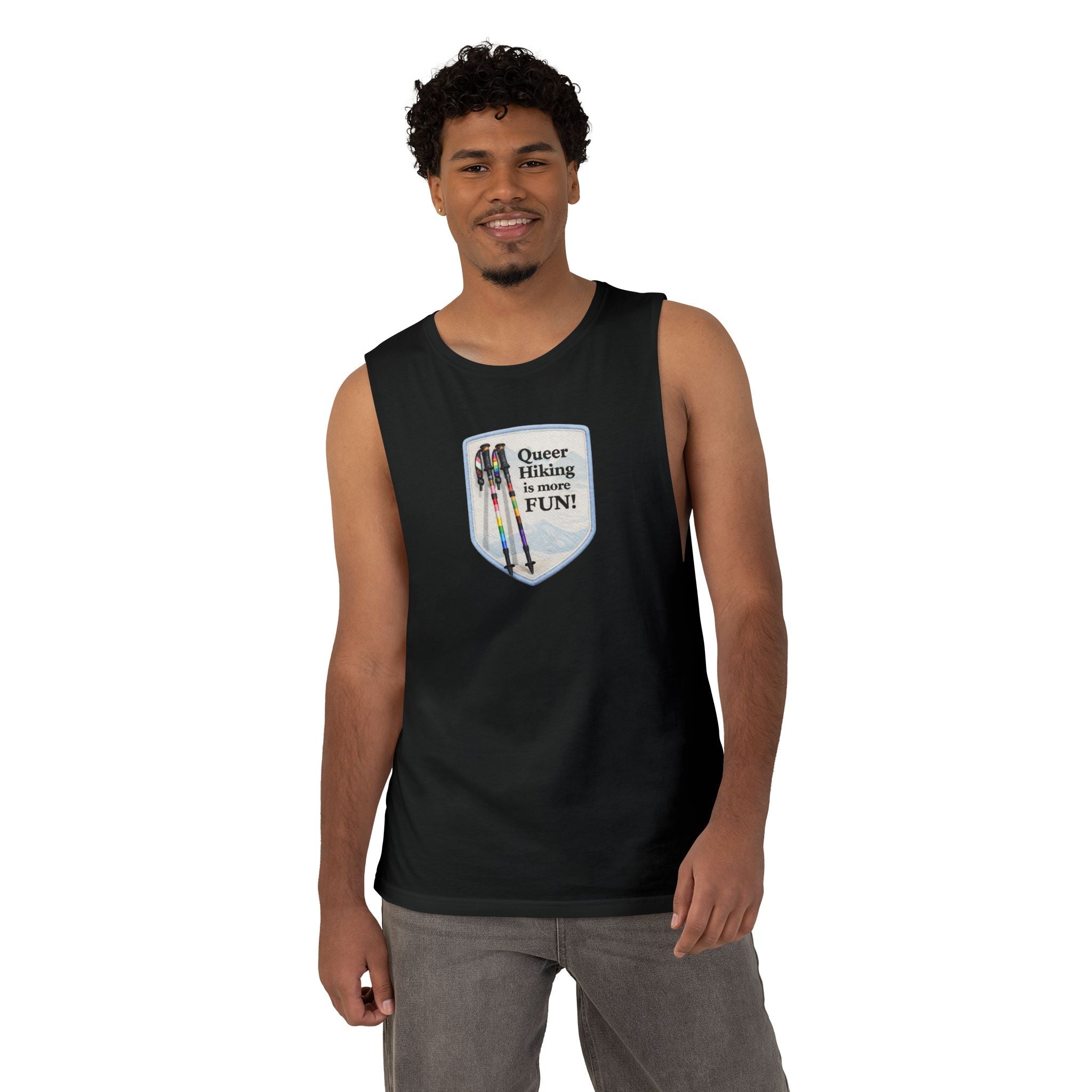 Queer Hiking Is More Fun Tank Top — LGBTQ+ Outdoor Vest - Blue Border