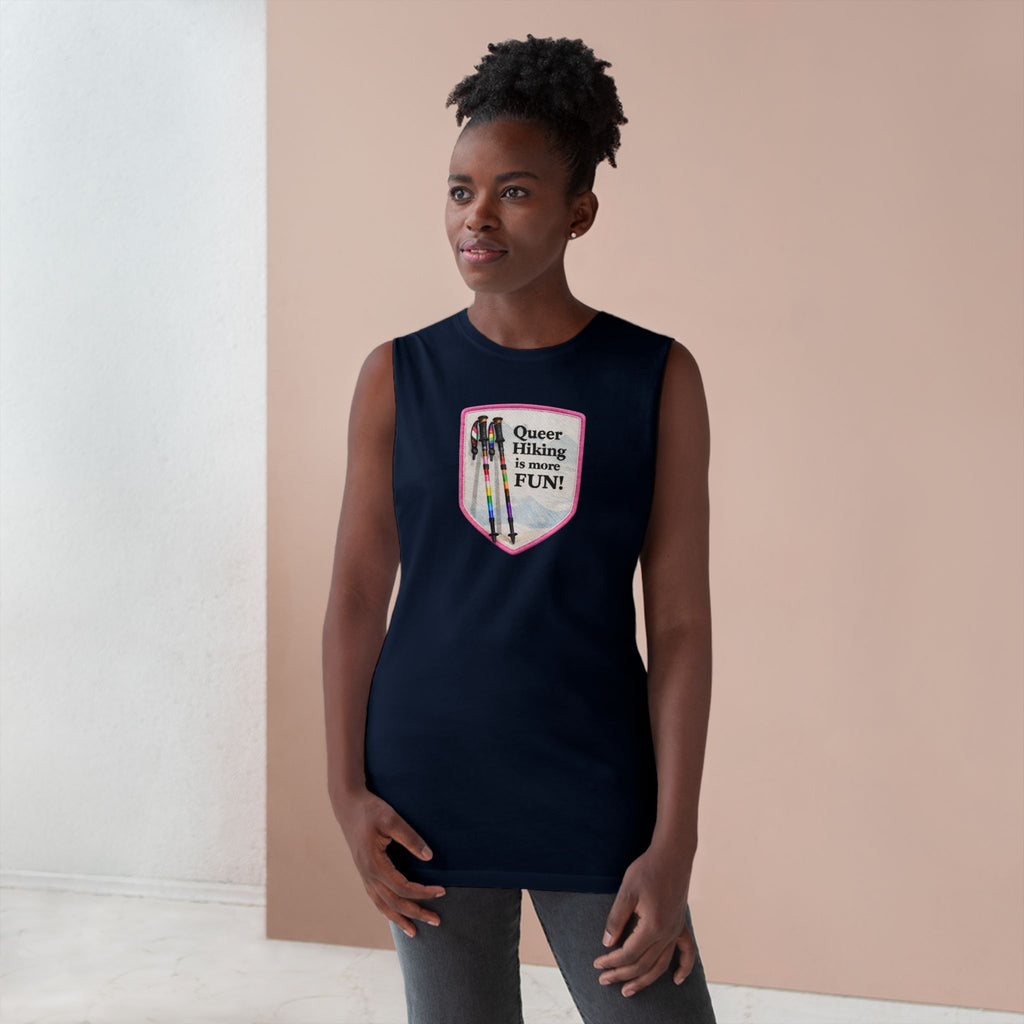 Queer Hiking Is More Fun Tank Top — LGBTQ+ Outdoor Vest - Pink Border