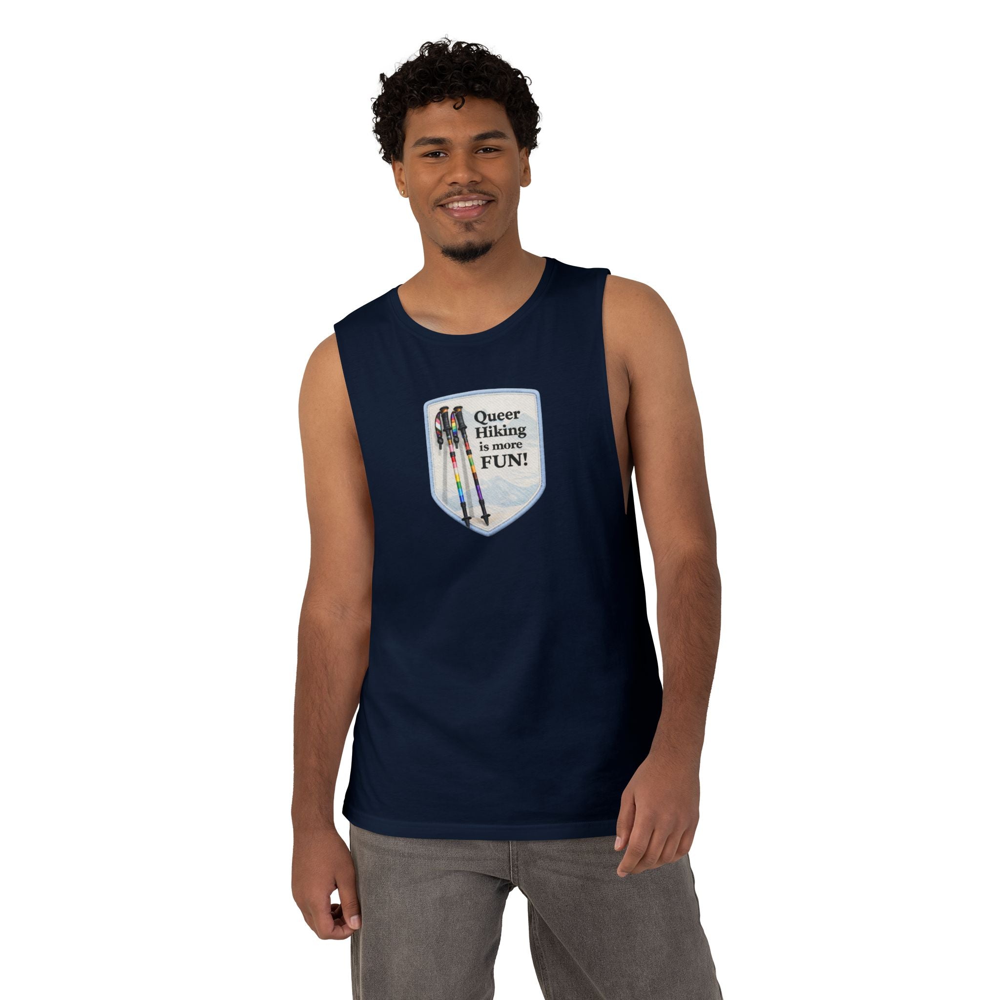 Queer Hiking Is More Fun Tank Top — LGBTQ+ Outdoor Vest - Blue Border