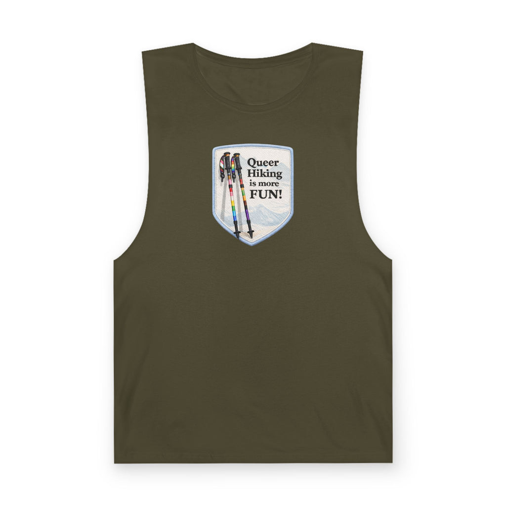 Queer Hiking Is More Fun Tank Top — LGBTQ+ Outdoor Vest - Blue Border