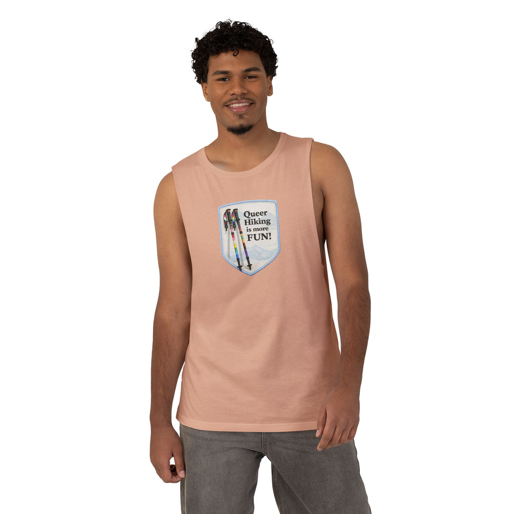 Queer Hiking Is More Fun Tank Top — LGBTQ+ Outdoor Vest - Blue Border